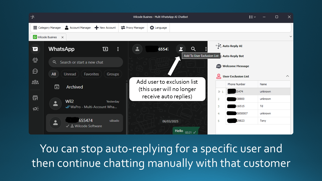 Exclude a user from AI auto-replies.